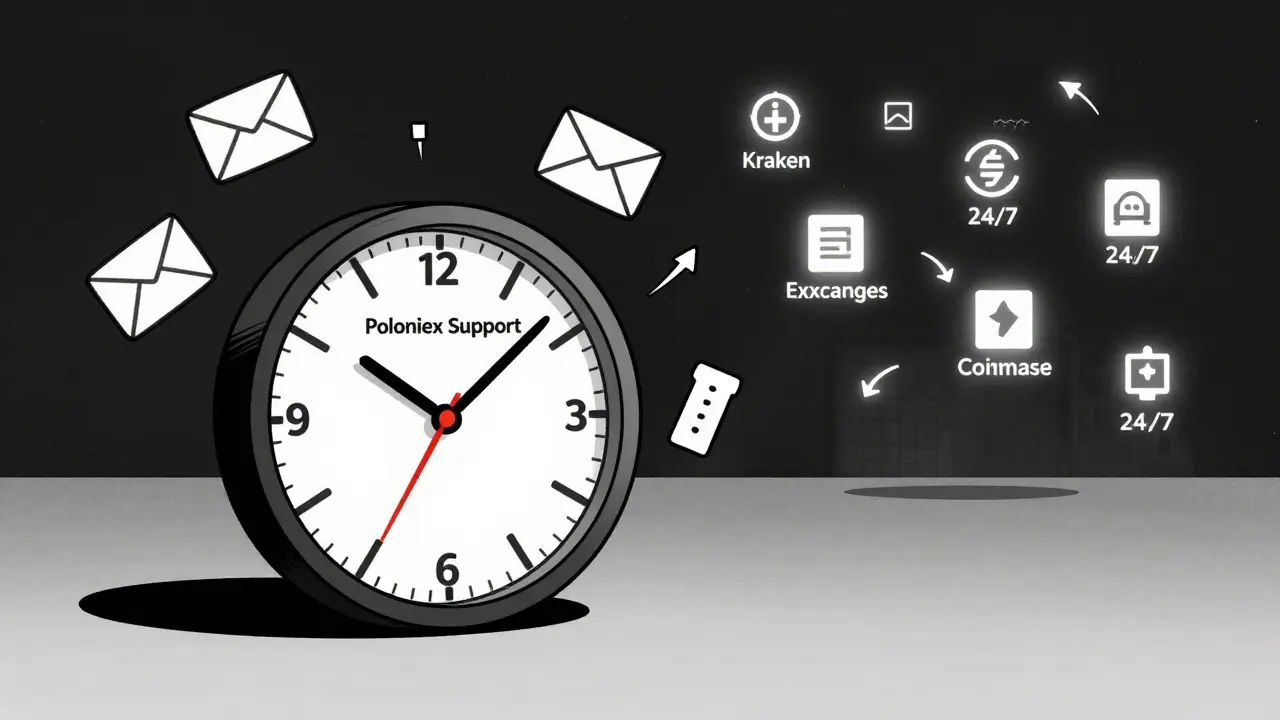 A broken clock labeled 'Poloniex Support' stuck at 48 hours, surrounded by unanswered emails.