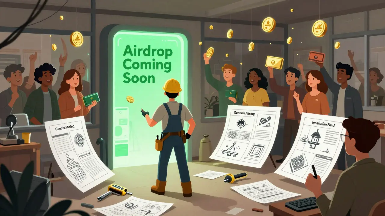 A builder in a workshop with Genesis Mining tools, gazing at a portal glowing 'Airdrop Coming Soon' as tokens rain outside.