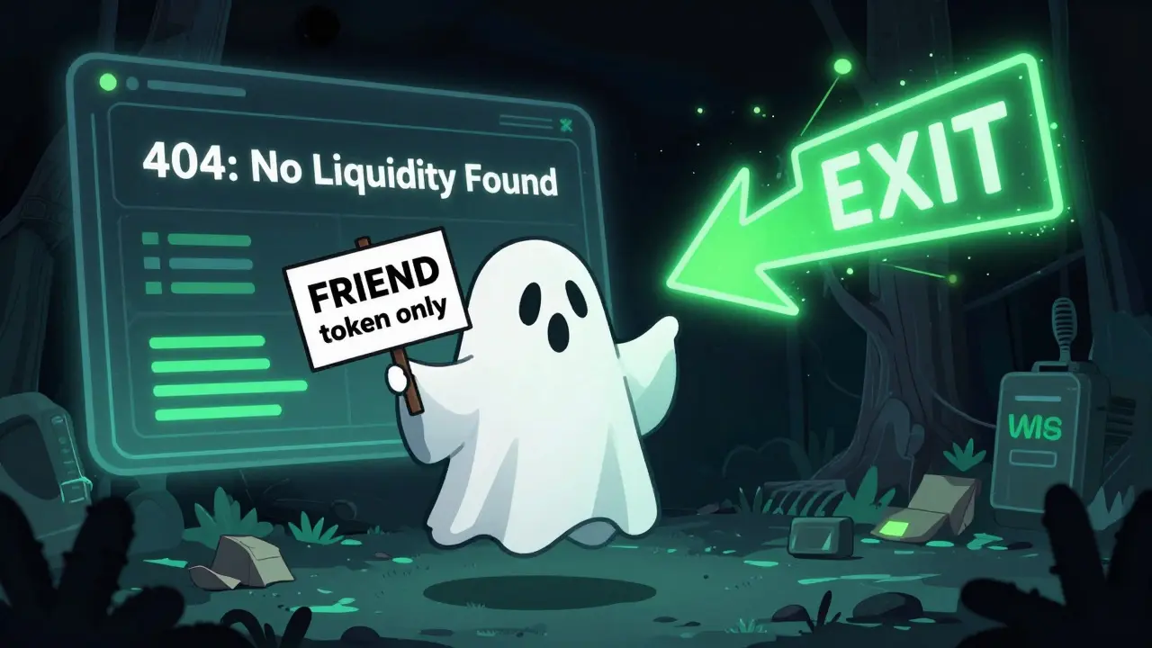 A cartoon ghost floating in an abandoned crypto exchange, pointing to a sign for FRIEND token while traders head to Uniswap.
