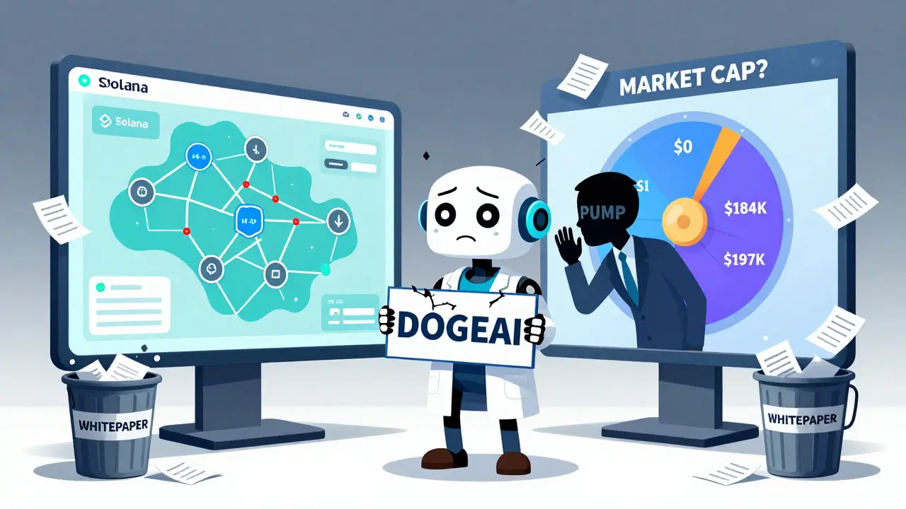 A confused AI robot stands between conflicting blockchain maps and fluctuating market cap numbers, with a trash can full of whitepaper scraps.