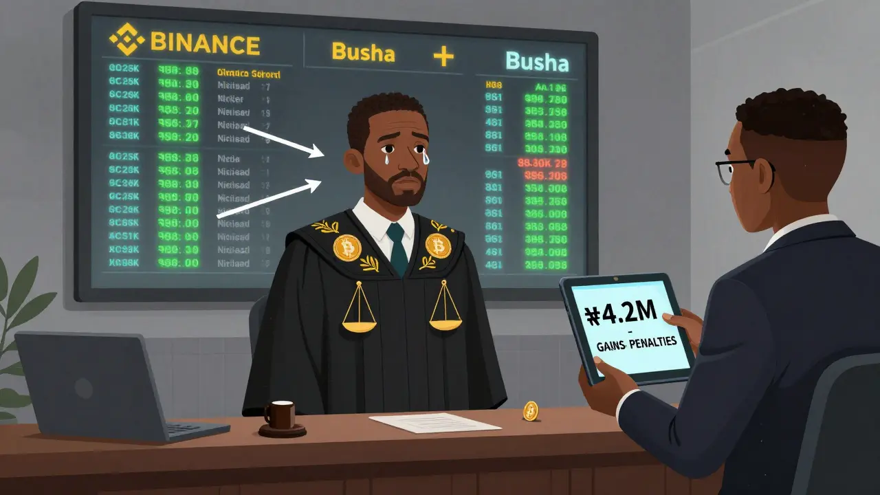 A courtroom scene where a crypto trader faces a judge as transaction logs and penalties flash on a screen.