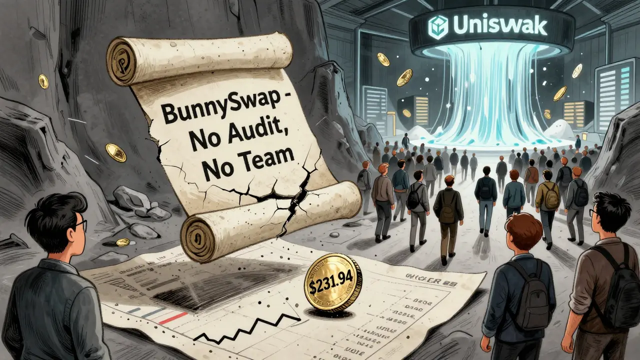 A cracked smart contract scroll with 1.94 rolling away as traders leave for a bustling Uniswap hub.