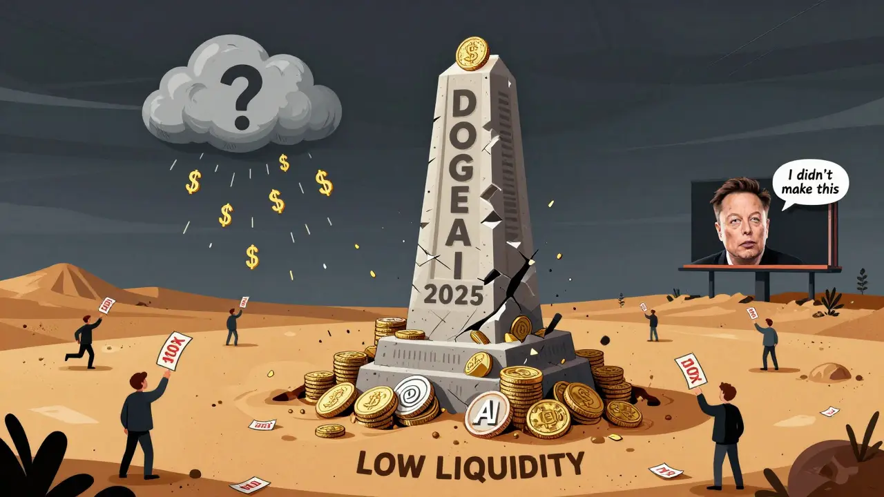 A crumbling DOGEAI monument sinks into low liquidity quicksand as traders throw lottery tickets, while a distant billboard denies any connection.