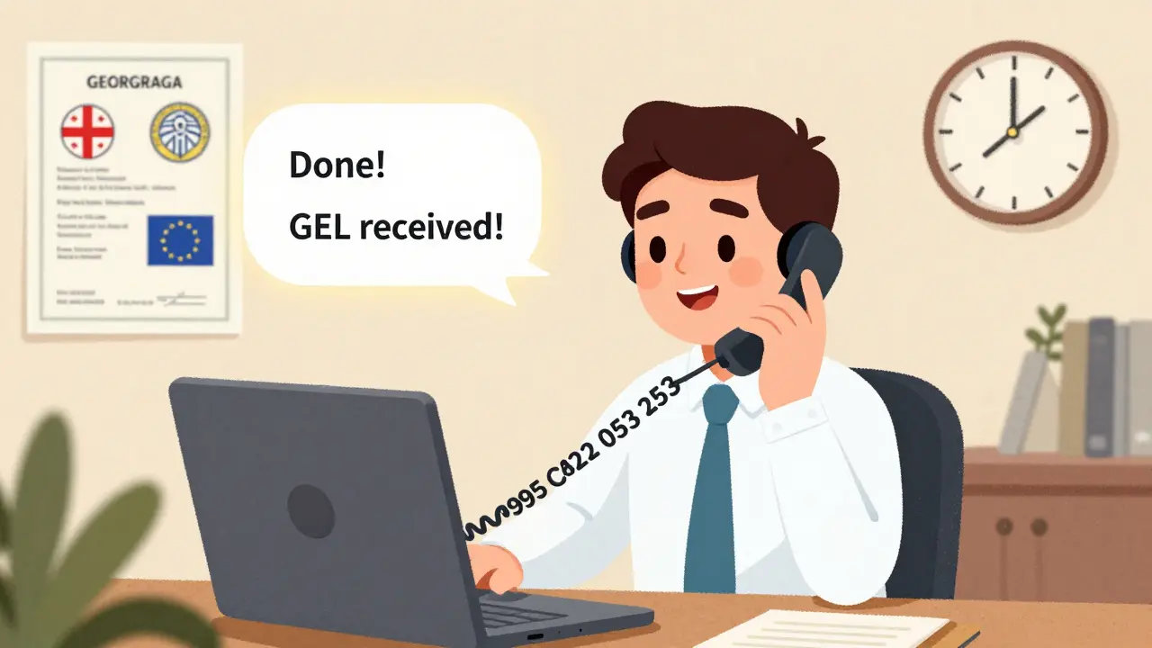 A customer support agent in Georgia helping a user with 24/7 phone support and EU/Georgia licenses visible.