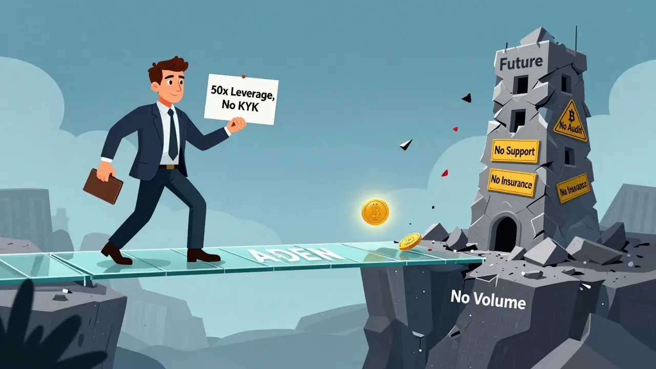 A fragile bridge labeled 'ADEN' over a void labeled 'No Volume', with warning signs and a lone USDT token teetering on the edge.