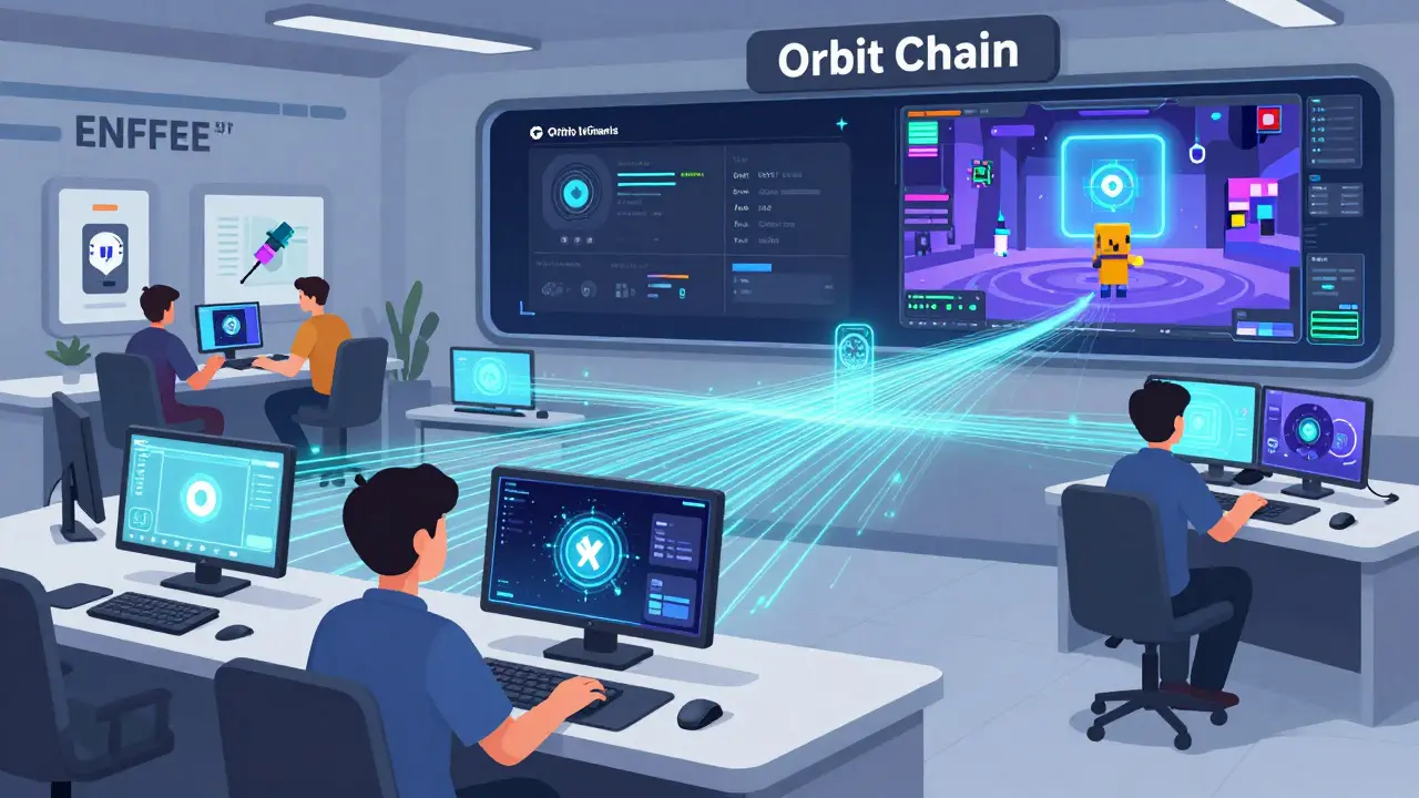 A high-tech control room managing cross-chain NFT trades, with TRIX token glowing in the background.