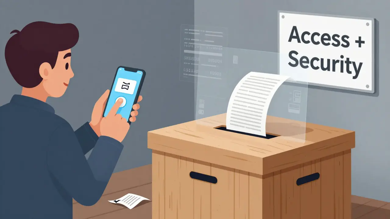 A hybrid voting system where a digital vote becomes a physical ballot dropping into a traditional box.