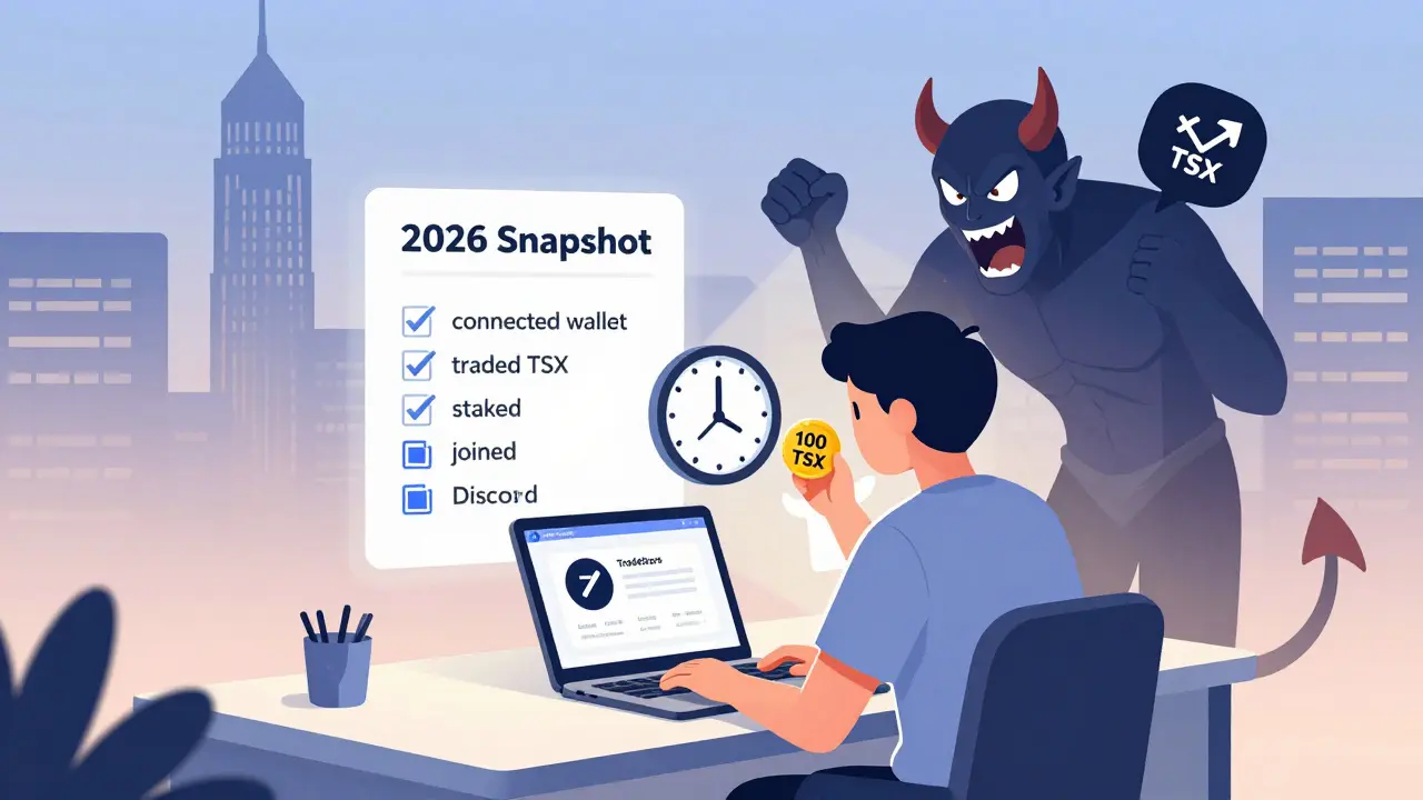 A person at a desk with TradeStars platform, surrounded by checklist icons for airdrop prep, an angel offering tokens, a demon whispering phishing warnings.