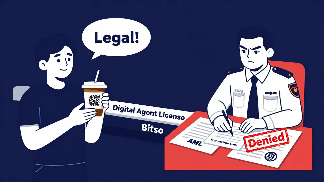 A person using crypto to buy coffee while a regulator denies a bank's attempt to offer crypto services.