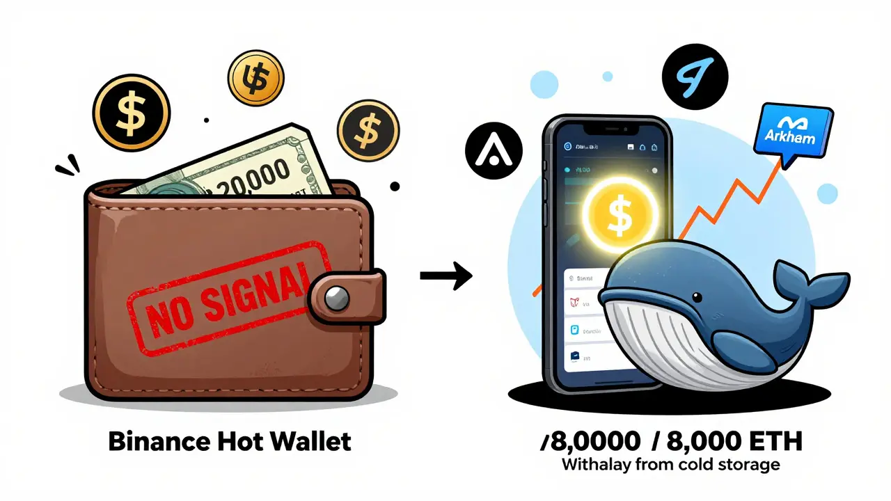 A split scene: one side shows an internal exchange transfer with 'NO SIGNAL', the other shows a whale withdrawing from cold storage with an alert.