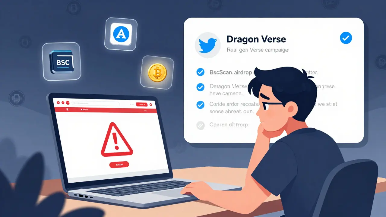 A user compares a fake airdrop site with an official Twitter profile showing verified Dragon Verse details.
