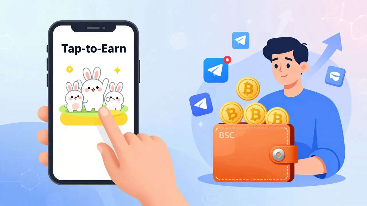A user tapping a mobile game with bunnies while their BSC wallet fills with BP tokens, surrounded by Telegram and Discord notifications.