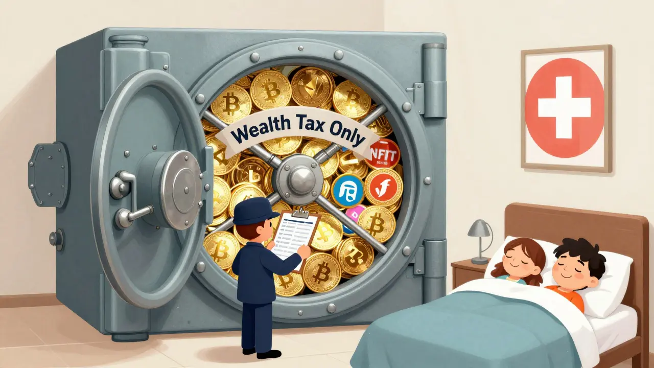 A vault of crypto assets labeled 'Wealth Tax Only' is checked by a tax collector, while a peaceful family sleeps, symbolizing simplicity and stability.