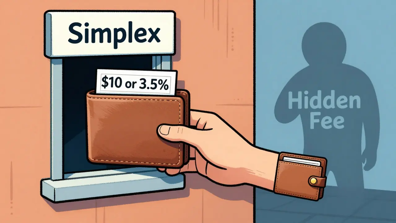 A wallet shrinking as it passes through a high-fee window labeled 'Simplex', with a hidden fee shadow looming.