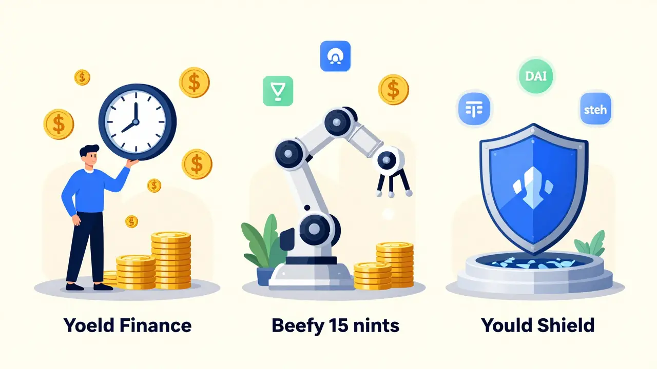 An automated yield system compares manual harvesting with smart auto-compounding and protective yield shields.