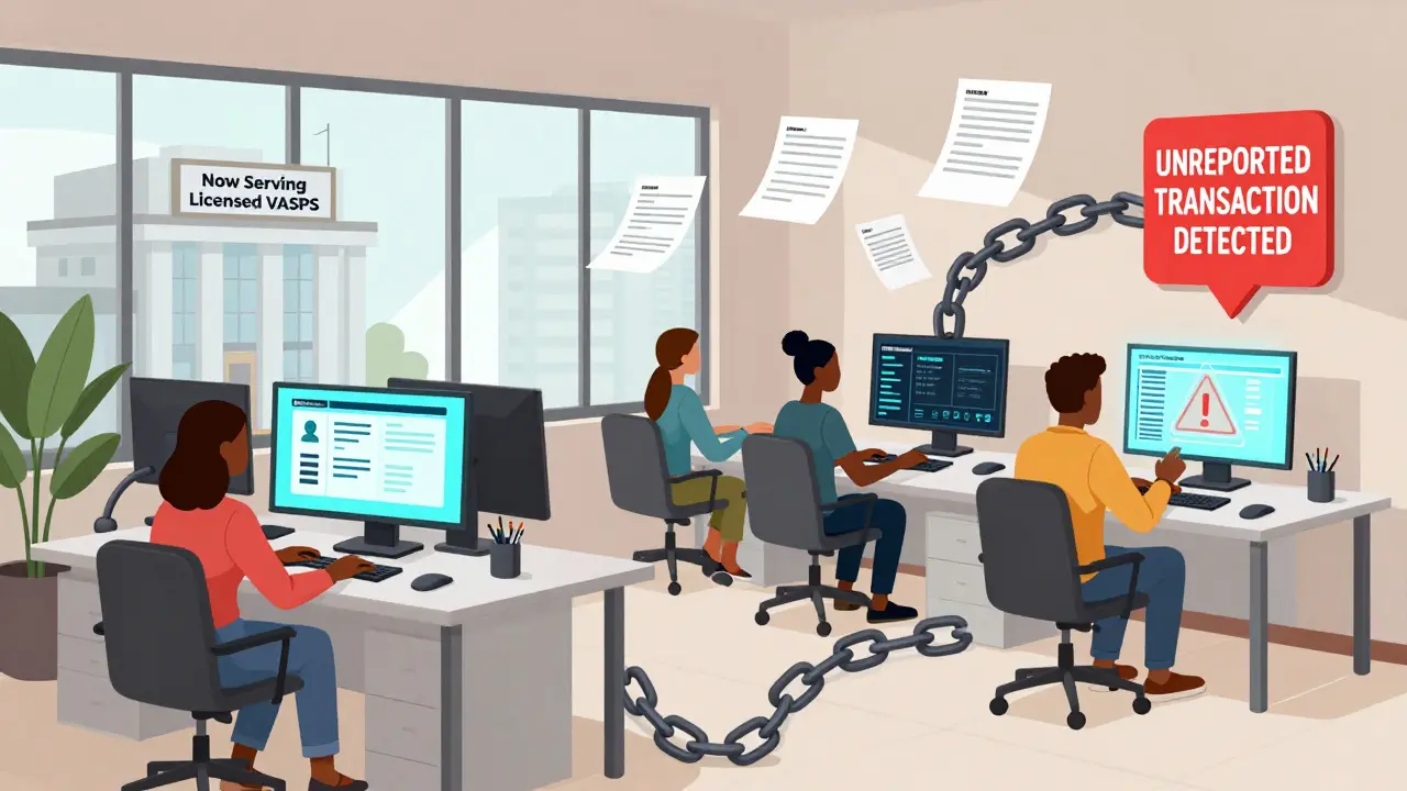 An office in Lagos with workers monitoring crypto transactions linked to a government tax reporting system.
