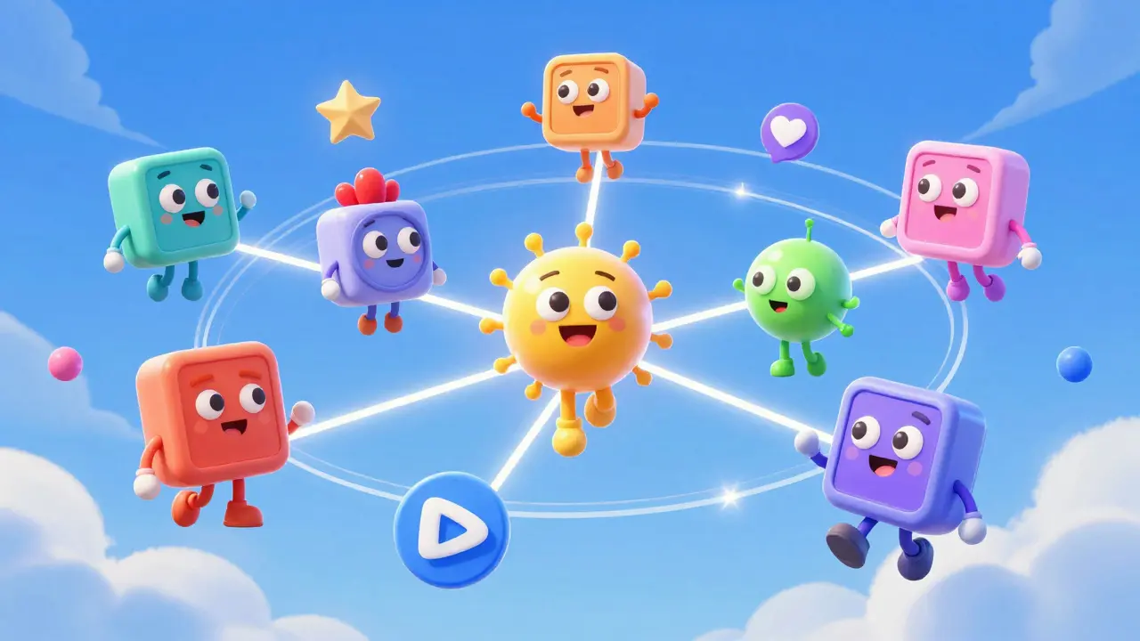 Animated cartoon NFT characters floating and connecting via digital network lines.