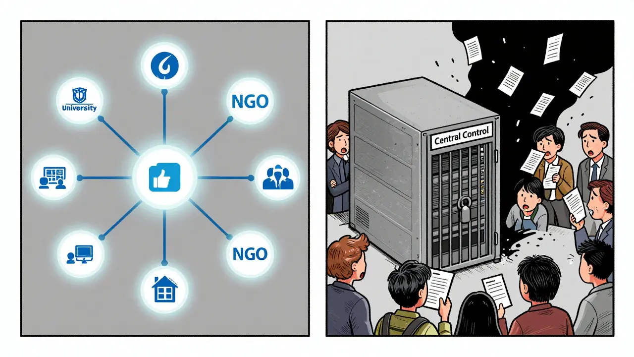 Contrasting decentralized blockchain voting system versus centralized control with voters losing ballots.