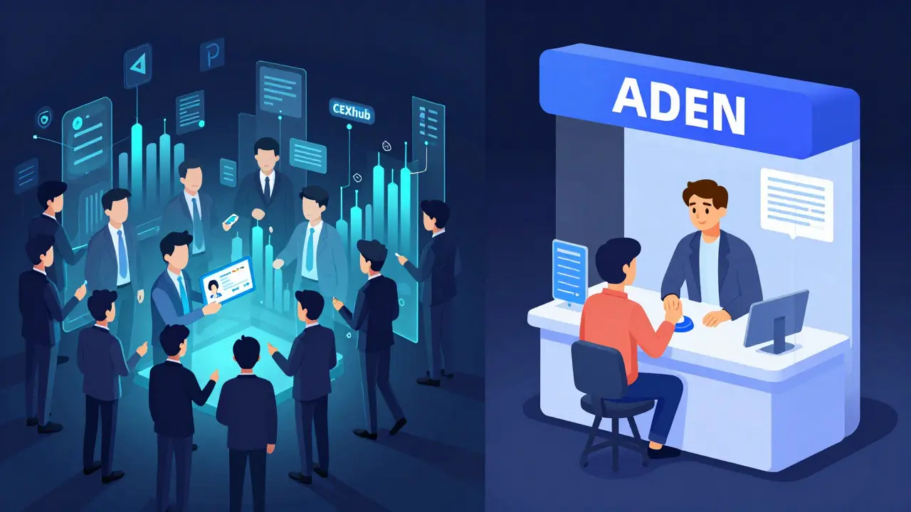 Contrasting scene: crowded centralized exchange with KYC forms vs. quiet ADEN booth with zero gas fees and minimal trading activity.