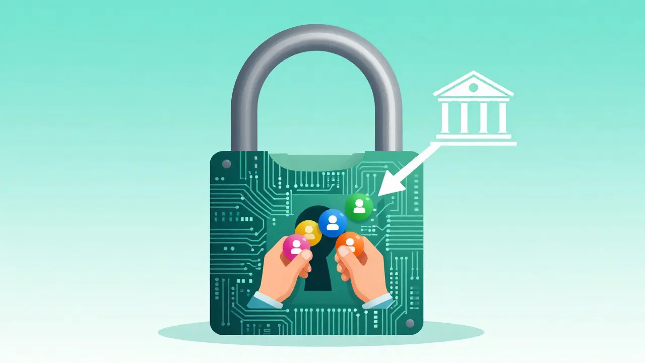 Digital padlock holding tokens symbolizing user asset control.