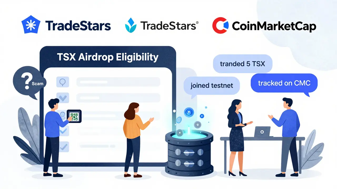 Diverse users interacting with a TSX eligibility ledger, one connecting a wallet, others staking and chatting, while a scam figure looms.