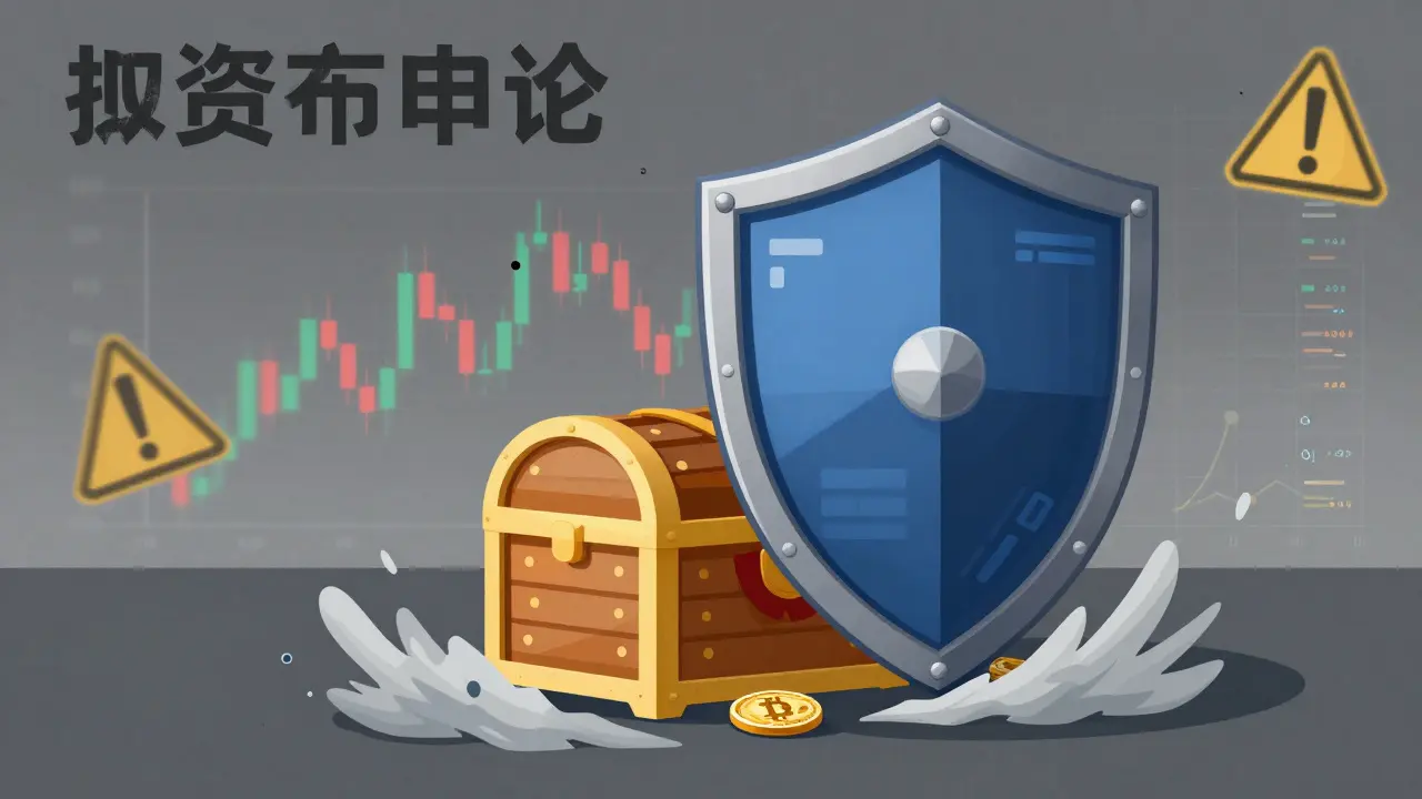 Drawing of a digital wallet shield protected against stormy market waves.