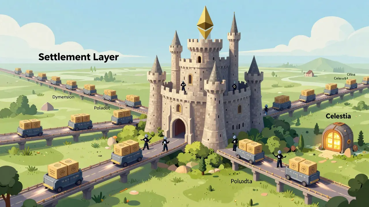 Ethereum as a settlement castle receiving data carriages from Polkadot, Dymension, and Celestia.