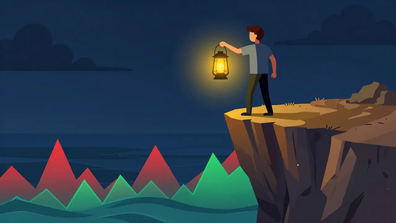 Figure on a cliff holding a lantern overlooking stormy digital graphs.