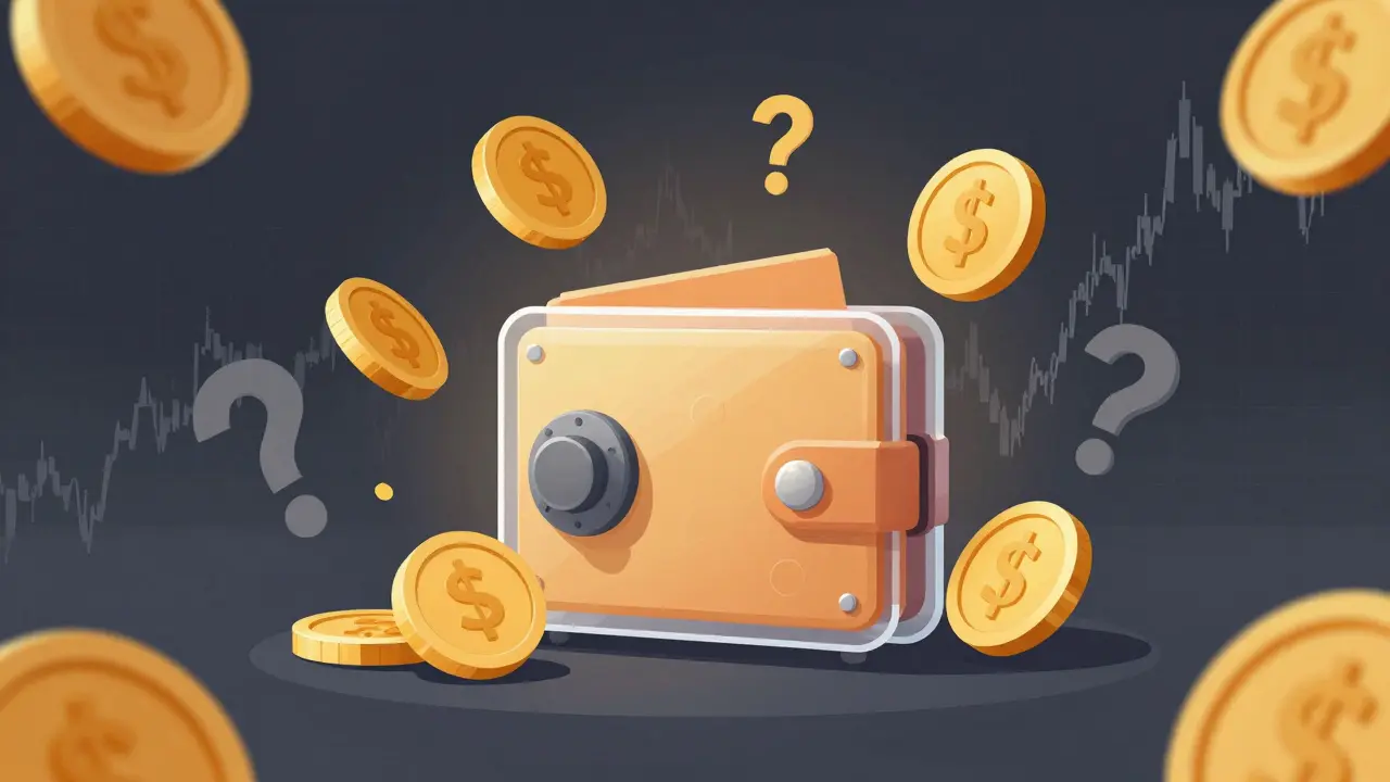 Floating coins and locked chest with question marks