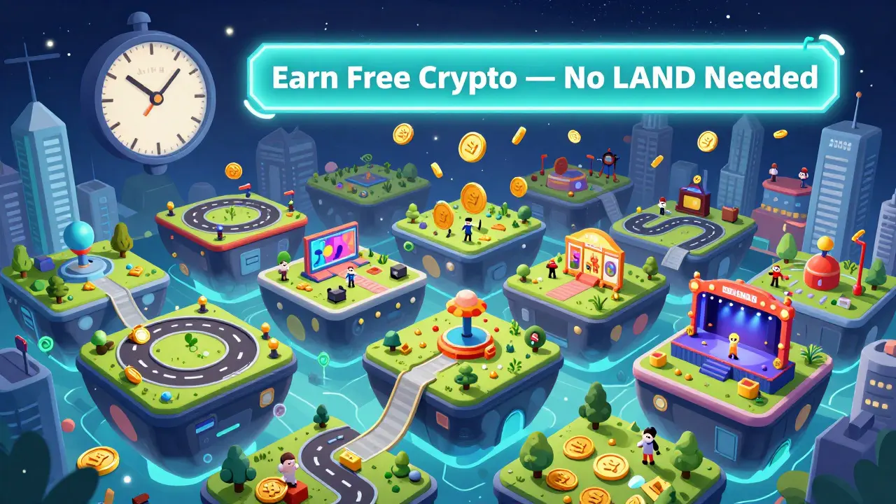 Floating virtual land plots forming a cityscape with avatars earning SAND tokens as a countdown clock ticks toward April 2026.