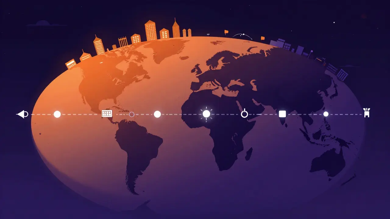 Globe illustrating day-night cycles and global market activity zones.