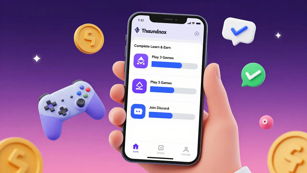 Hand holding a smartphone showing The Sandbox airdrop dashboard with progress icons for tasks and rewards.
