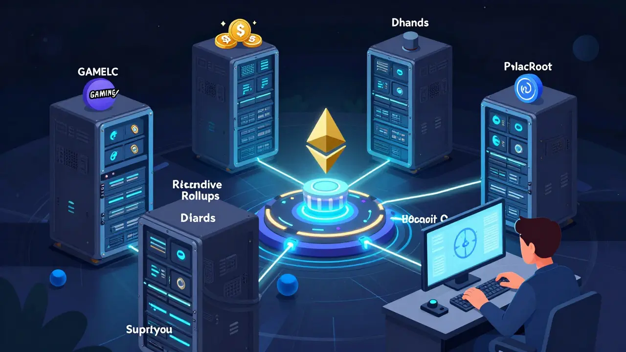 Layered blockchain ecosystem like internet servers, connected to Ethereum and Polkadot with dynamic controls.