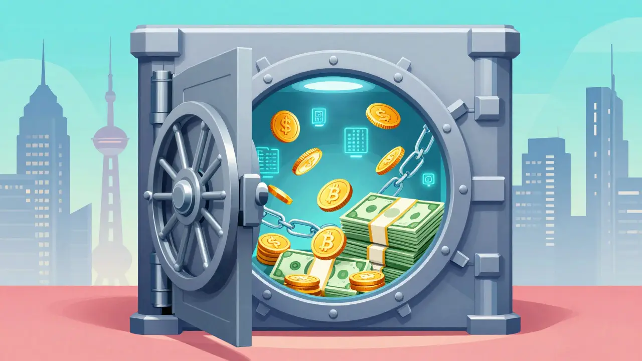 Open vault with digital coins, cash, and skyline silhouettes blended