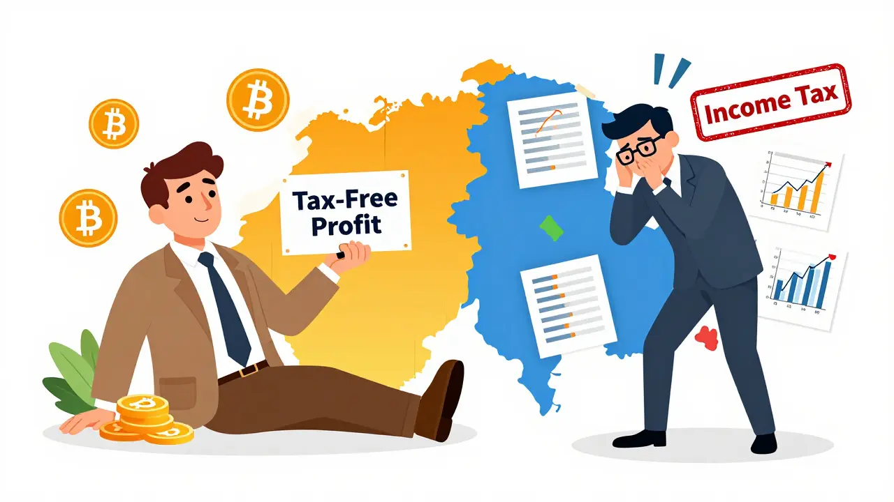 Private investor enjoys tax-free crypto gains while a professional trader faces high income taxes, illustrating Switzerland's tax divide.