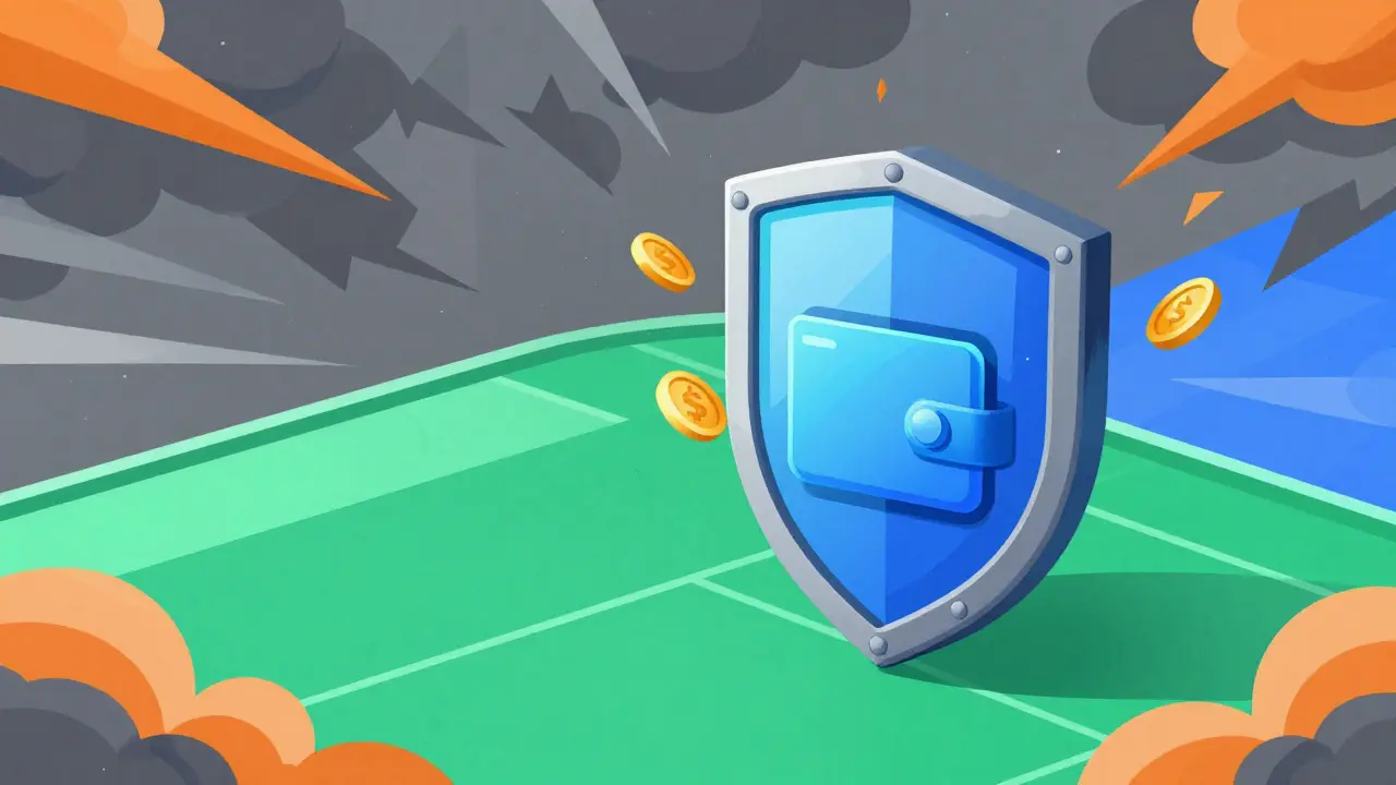 Shield protecting crypto wallet from fee spikes with green indicators.