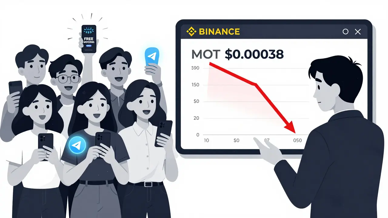 Split scene: excited users lured by fake MOT airdrops vs. one investor checking the token's near-zero price on Binance.
