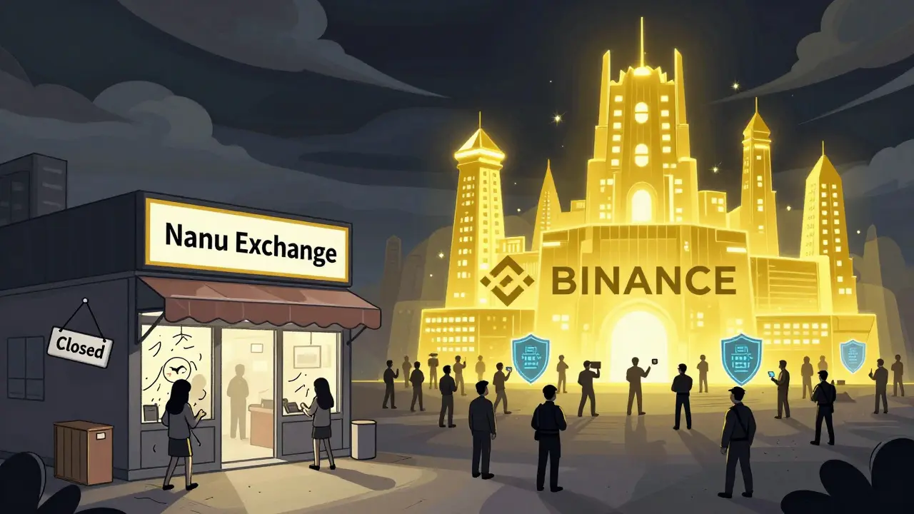 Tiny, failing Nanu Exchange storefront vs. massive, secure Binance fortress under stormy skies.