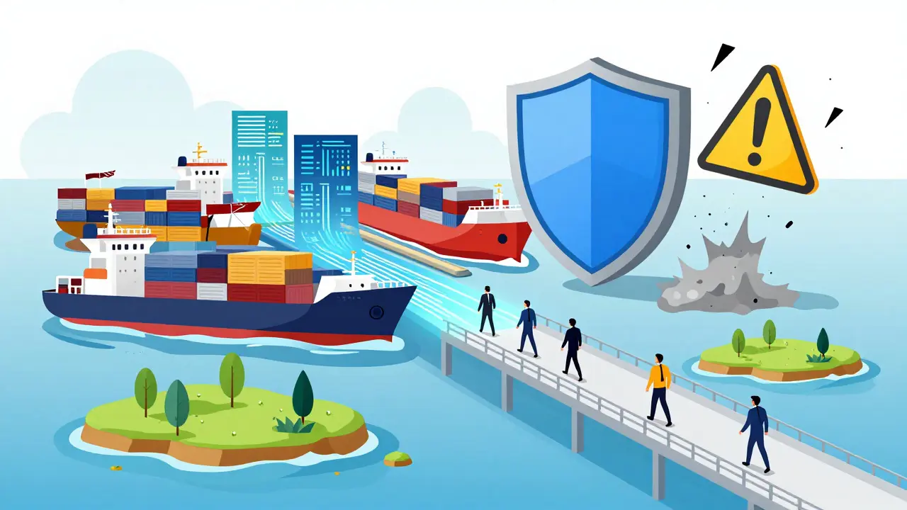 Trade hub protected by shield with fading warning symbol nearby