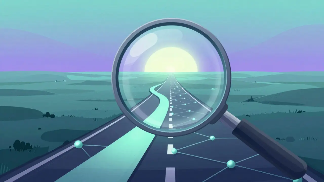 Winding blockchain road being inspected by a hovering magnifying glass.