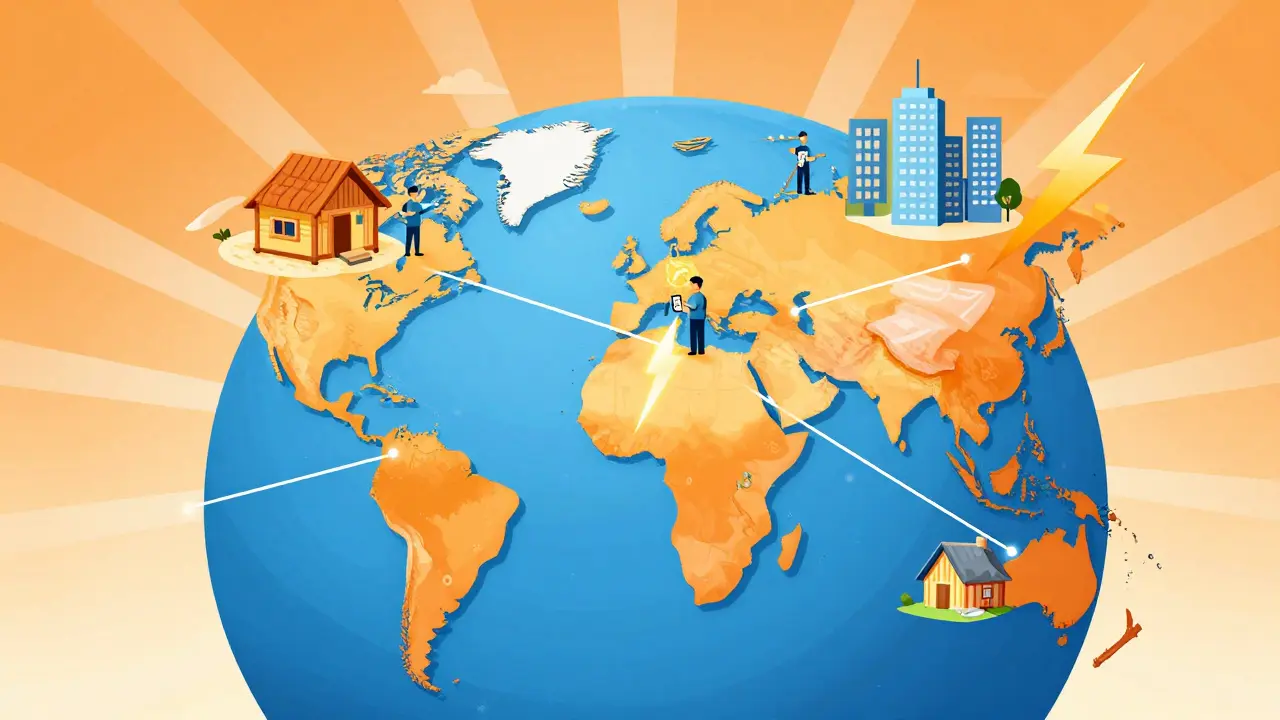 World map connecting remote workers with fast transfer lines.