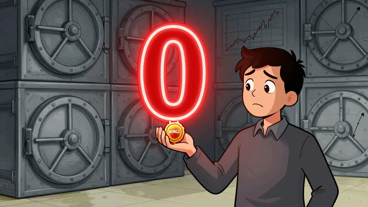 A confused person holding a token with a large red zero sign above it.
