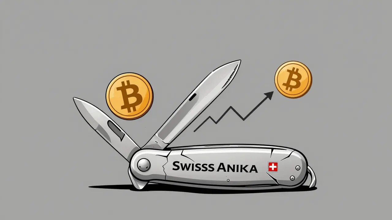 A cracked Swiss Army Knife with financial symbols, symbolizing a risky platform.