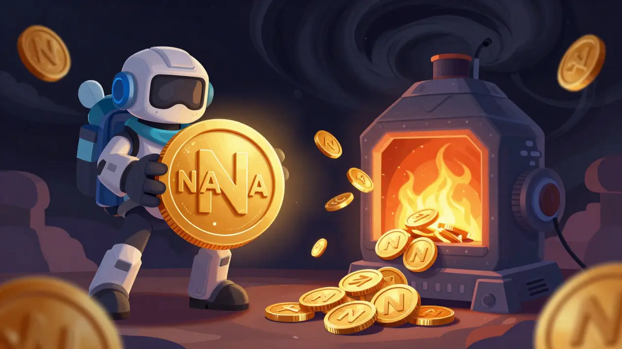 A digital coin being used for a game and tokens being consumed by a digital burn void.