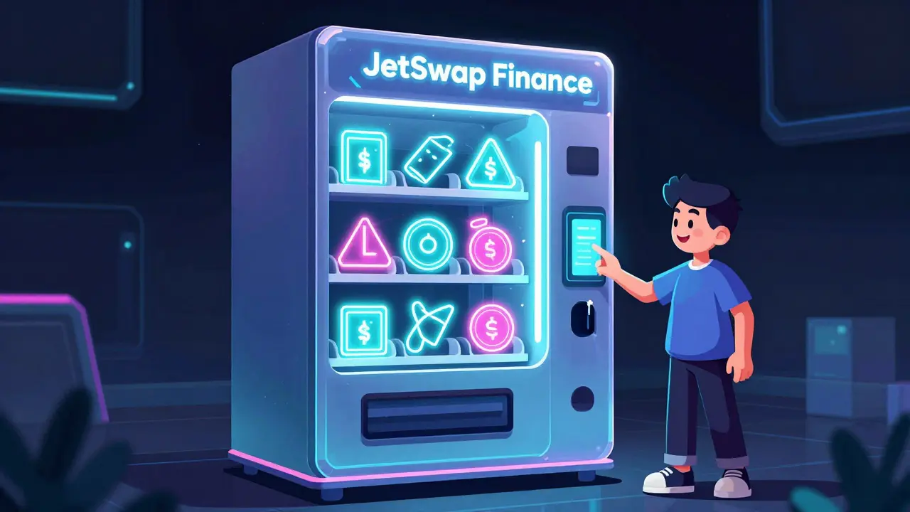 A futuristic digital vending machine representing a decentralized crypto exchange.