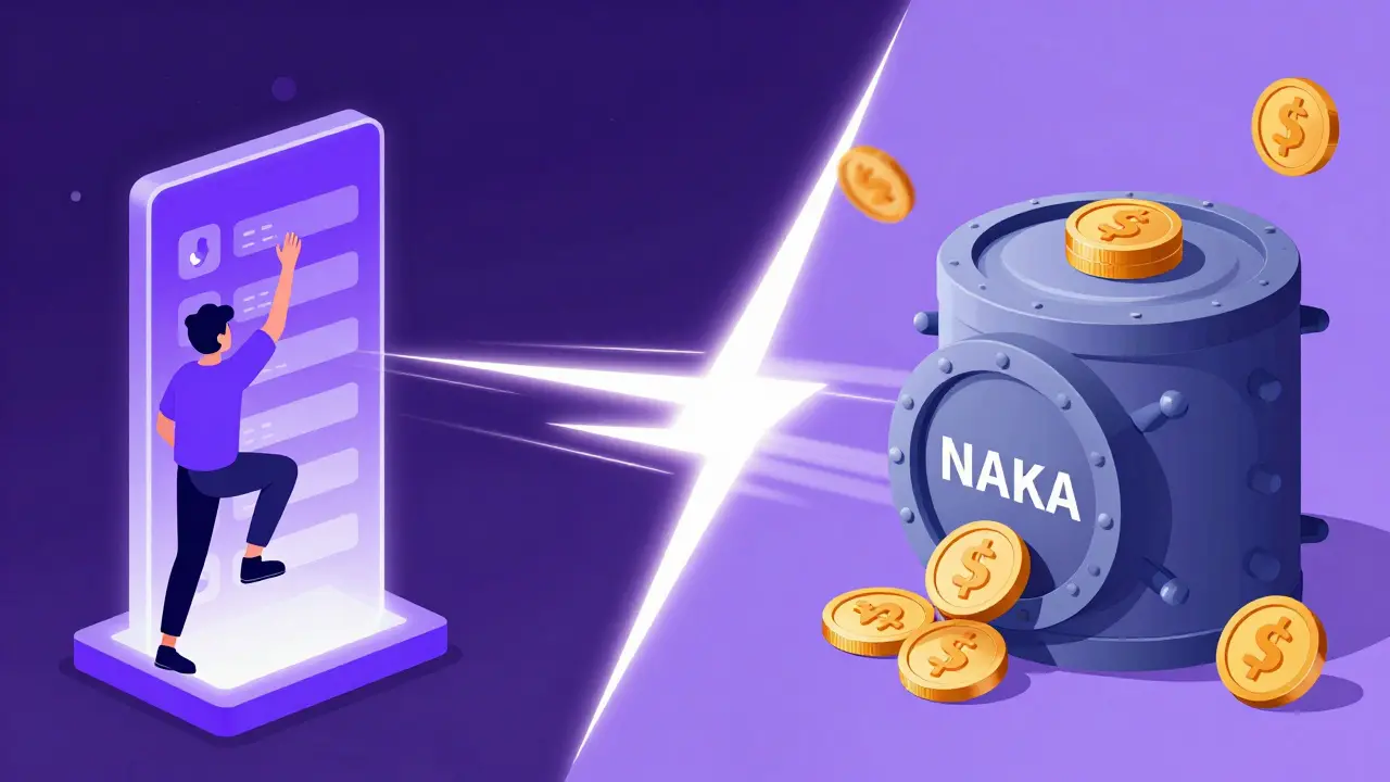 A gamer climbing a leaderboard and tokens being staked via a fast purple network.