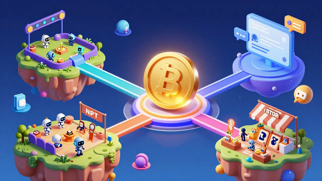 A glowing BOT token powering a digital ecosystem with gaming, NFT markets, and messenger islands.