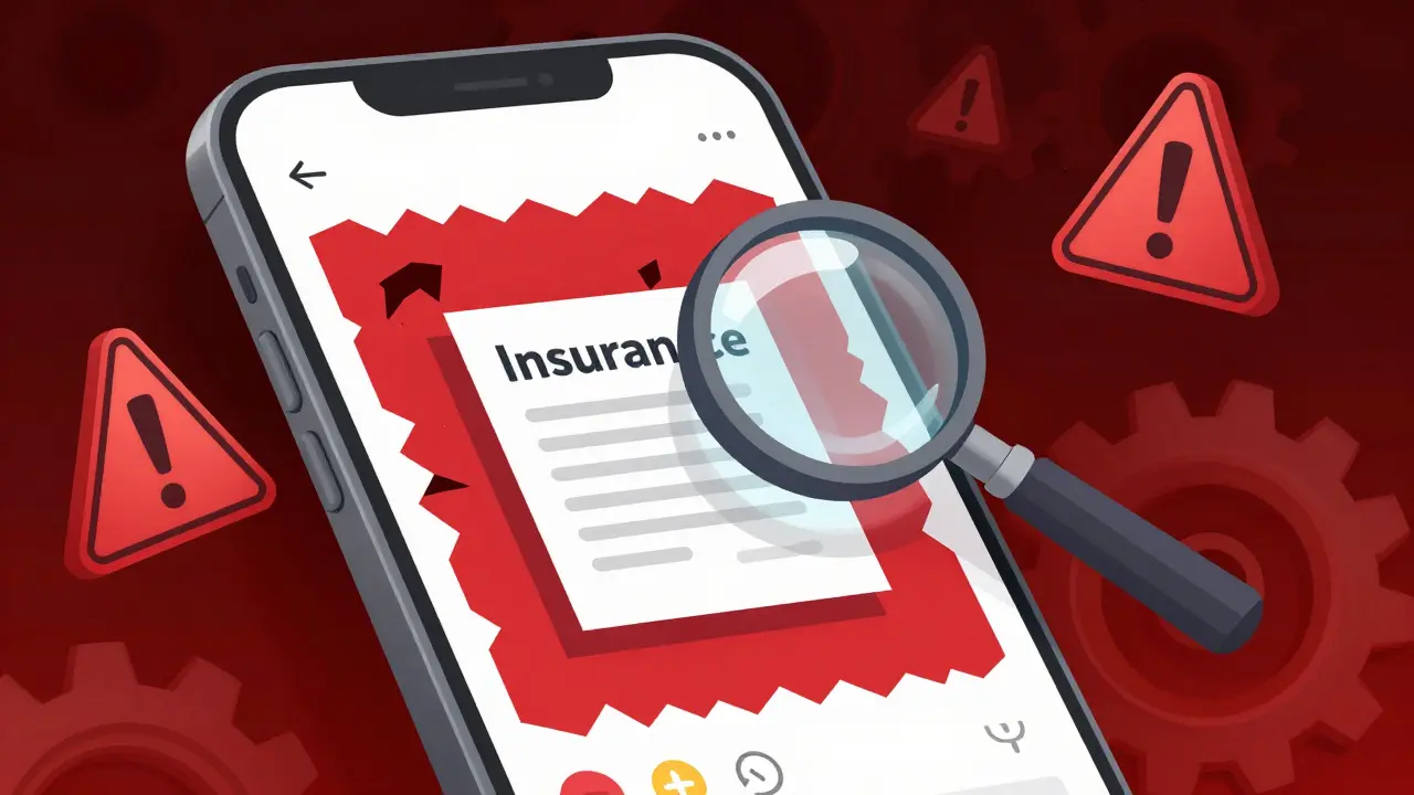 A magnifying glass revealing a blank insurance document under a polished trading app.