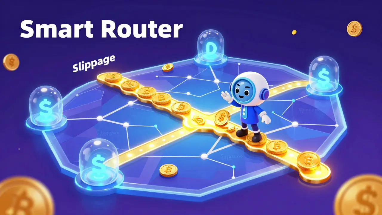 A navigator guiding digital coins through a complex network of glowing paths