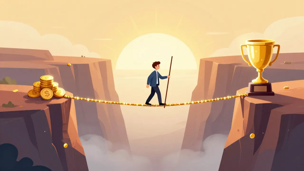 A person balancing on a digital tightrope towards a golden trophy